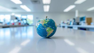 An apple with a world map imprinted on its surface, sitting on a table inside a modern laboratory, representing global MRL solutions for agriculture.
